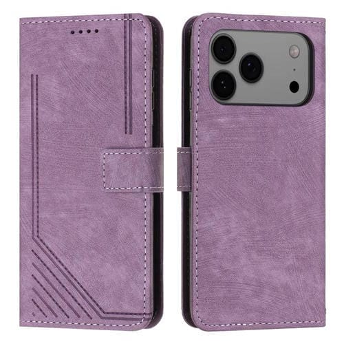 Funda de piel con estampado de rayas y cordón para iPhone 17 Pro Max (morado)