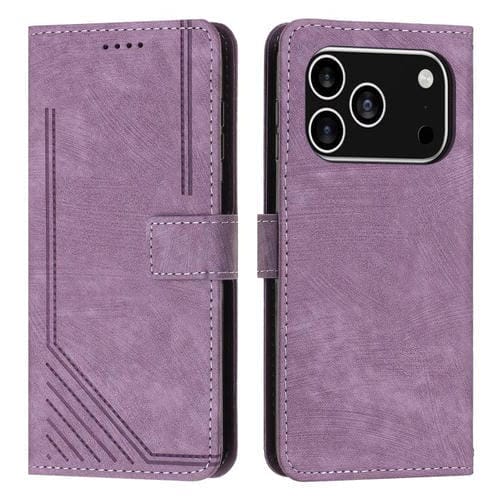 Funda de piel con estampado de rayas y cordón para iPhone 17 Pro (morado)