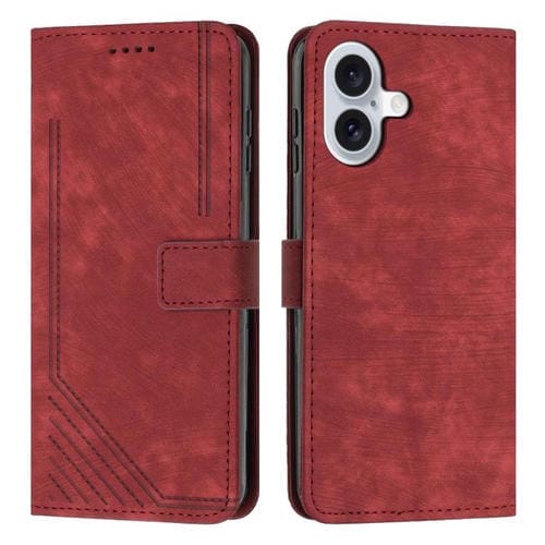 Funda de piel con estampado de rayas y cordón para iPhone 17 (roja)