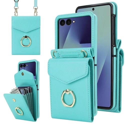 Funda para Samsung Galaxy Z Flip7 5G con ranura para tarjeta RFID y textura Litchi, con soporte para anillo (verde)