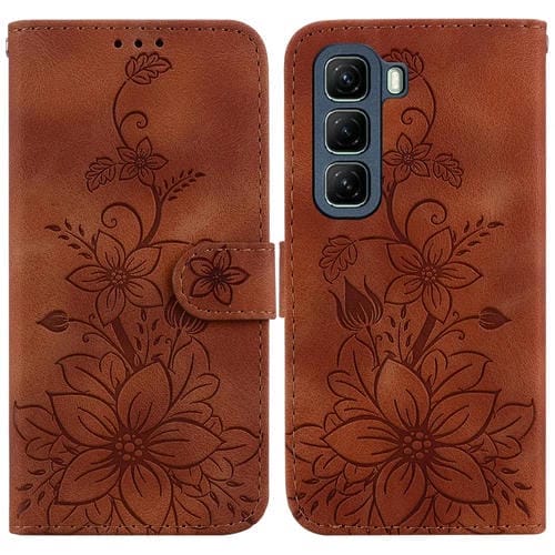 Funda de Cuero con Relieve de Lirio para Infinix Hot 50 4G (Marrón)