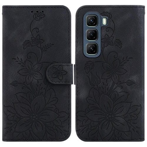Funda de Cuero con Relieve de Lirio para Infinix Hot 50 5G (Negra)