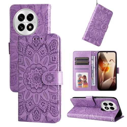 Funda de Piel para OnePlus 13 con Diseño de Girasol en Relieve (Morado)