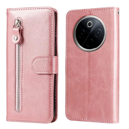 Funda de Piel con Cremallera y Textura de Becerro para OnePlus 13 (Oro Rosa)