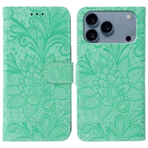 Funda de cuero con tapa y estampado floral de encaje para iPhone 17 Pro Max (verde)
