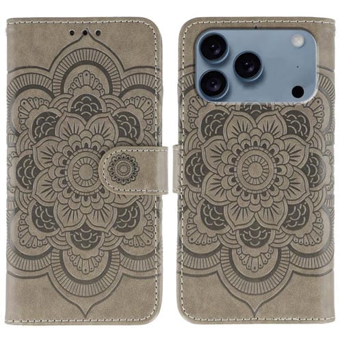 Funda de piel con estampado de mandala solar para iPhone 17 Pro Max (gris)