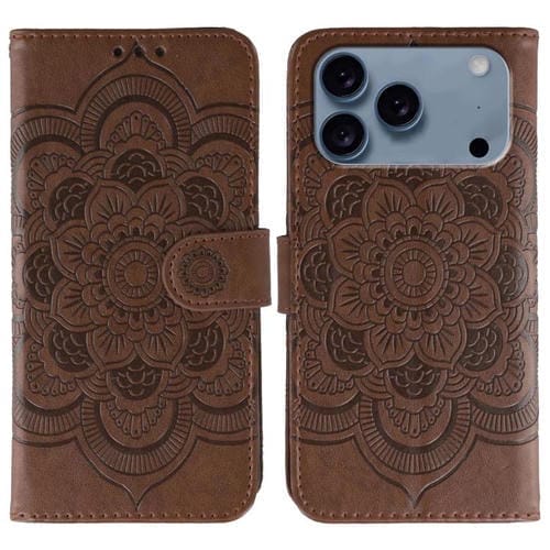 Funda de cuero con estampado de mandala solar para iPhone 17 Pro Max (marrón)