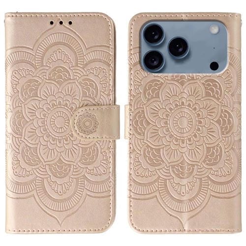 Funda de piel con estampado de mandala solar para iPhone 17 Pro (oro rosa)