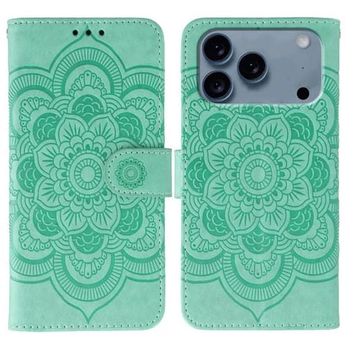 Funda de cuero con estampado de mandala solar para iPhone 17 Pro (verde)