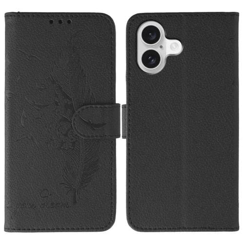 Funda de piel con textura de lichi y diseño de plumas para iPhone 17 (negra)