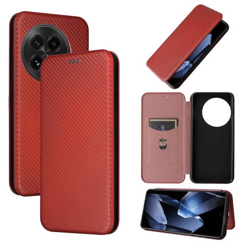 Funda de Cuero con Tapa y Textura de Fibra de Carbono para OnePlus 13 (Marrón)