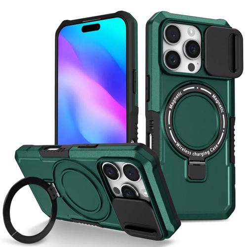 Funda híbrida TPU y PC con soporte Magsafe y protección deslizante para iPhone 16 Pro (Verde Oscuro)