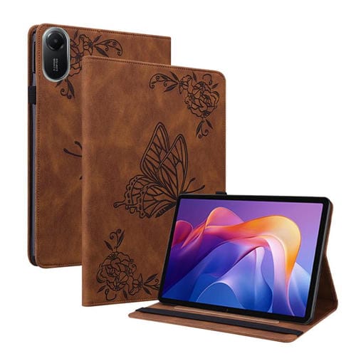 Funda de cuero con relieve de mariposa para Redmi Pad 2 / Redmi Pad SE 11 2025 (marrón)