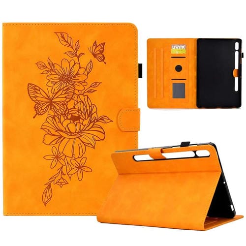 Funda de cuero con relieve de mariposa y peonía para Samsung Galaxy Tab S10 FE+ (caqui)