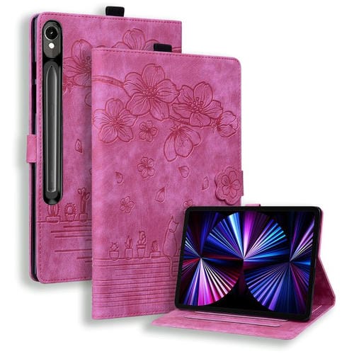 Funda de Piel Samsung Galaxy Tab S10 Fe+ con Relieve de Gato Sakura (Rosa y Rojo)
