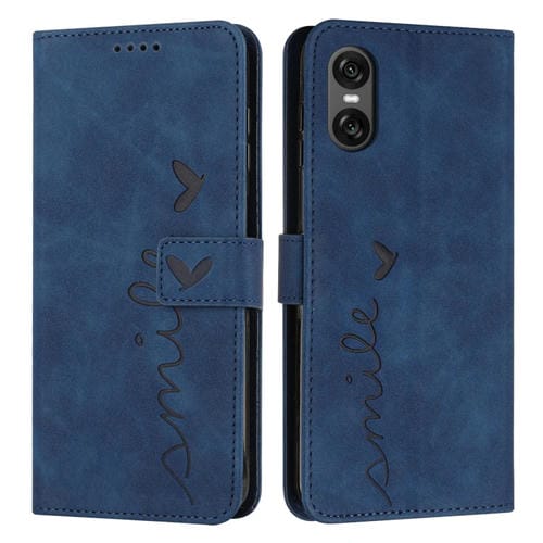 Funda de Piel con Relieve de Corazón y Cordón Largo para Sony Xperia 5 Vi (Azul)