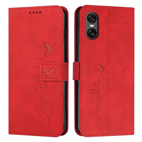 Funda de Piel con Relieve de Corazón y Cordón Largo para Sony Xperia 5 Vi (Rojo)