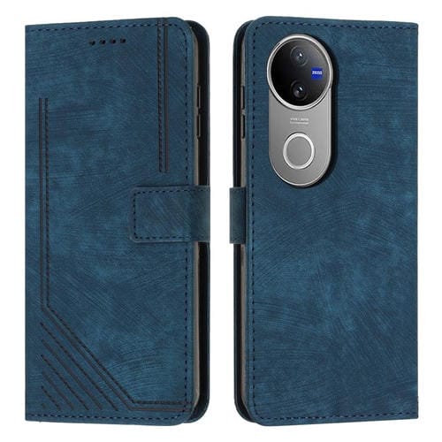 Funda de Cuero con Estampado de Rayas y Cordón para Vivo V50 (Azul)