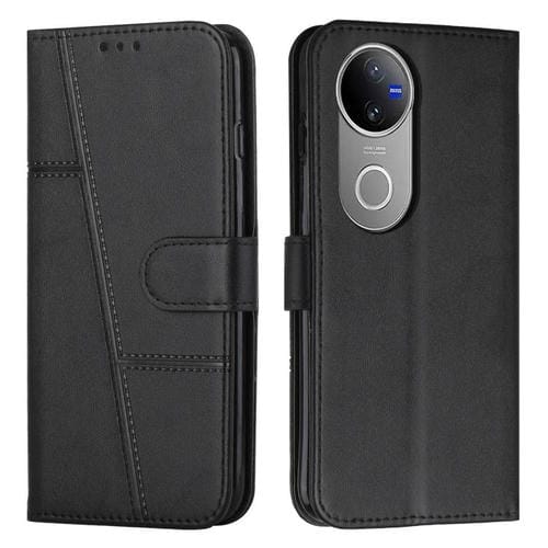 Funda de Piel con Hebilla y Textura de Becerro con Costuras Globales para Vivo V50 5G (Negra)