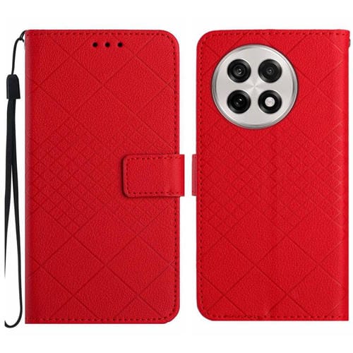 Funda de Cuero con Textura de Cuadrícula Rómbica para OnePlus 13 (Rojo)