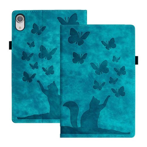 Funda de Piel para iPad Mini 2024/2021 con Relieve de Gato y Mariposa (Azul Cielo)