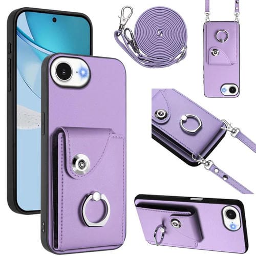 Funda para iPhone 16e con tarjetero, anillo y cordón largo (morado)