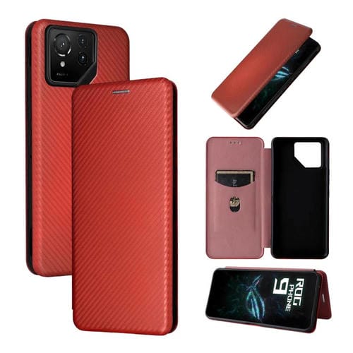 Funda de Cuero con Textura de Fibra de Carbono para Asus Rog Phone 9 (Marrón)
