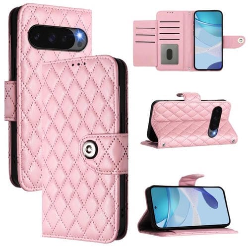 Funda de Cuero con Tapa y Textura Rómbica para Google Pixel 10 5G con Cordón (Rosa)
