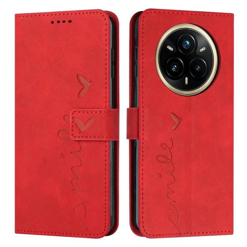 Funda de Cuero con Relieve de Corazón para Realme 14 Pro con Cordón Largo (Roja)