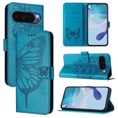 Funda de Cuero con Diseño de Mariposa En Relieve para Google Pixel 10 Pro XL (Azul)