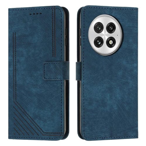 Funda de Cuero para OnePlus 13 con Patrón de Rayas y Cordón (Azul)
