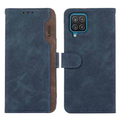 Funda de Cuero Abeel para Samsung Galaxy A12 Color Block Magnética Rfid (Azul-Marrón)
