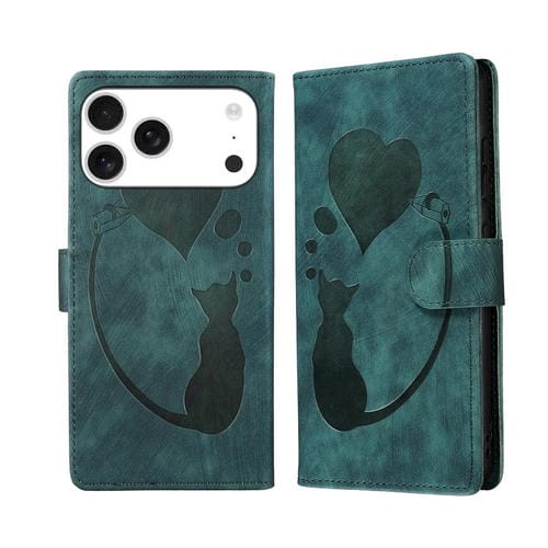 Funda de cuero con relieve de gato y corazón para iPhone 17 Pro Max (verde)