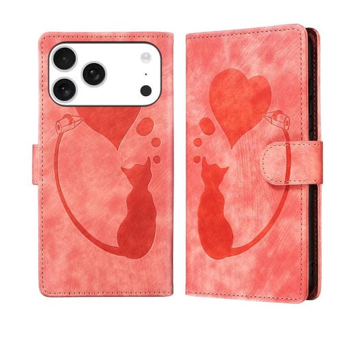 Funda de piel con relieve de gato y corazón para iPhone 17 Pro (naranja)