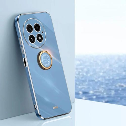 Funda TPU Xinli para OnePlus 13 con Borde Recto 6D Galvanizado y Soporte para Anillo (Azul Celestial)
