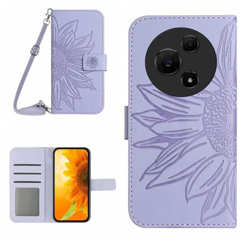 Funda de piel con tapa y cordón para TCL 60 SE / 605, con diseño de girasoles en relieve (morado)