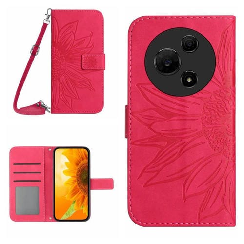 Funda de piel con tapa y cordón para TCL 60 SE / 605, con diseño de girasol en relieve y tacto suave (rosa rojo)