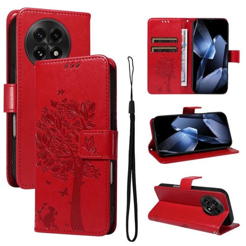 Funda de Cuero con Tapa para OnePlus 13 con Patrón En Relieve de Árbol y Gato (Rojo)