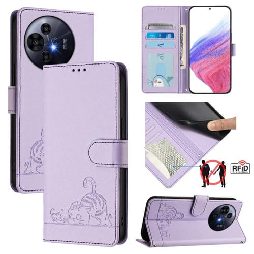 Funda de Cuero RFID para TCL 50 Pro Nxtpaper con Patrón Gato y Rata y Cordón (Morado)