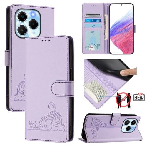 Funda de Cuero Rfid para Infinix Note 40X 5G con Estampado de Rata y Gato y Cordón (Morado)