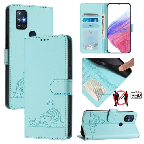 Funda de Cuero Rfid para OnePlus Nord N10 5G con Estampado de Rata y Gato en Relieve y Cordón (Verde Menta)