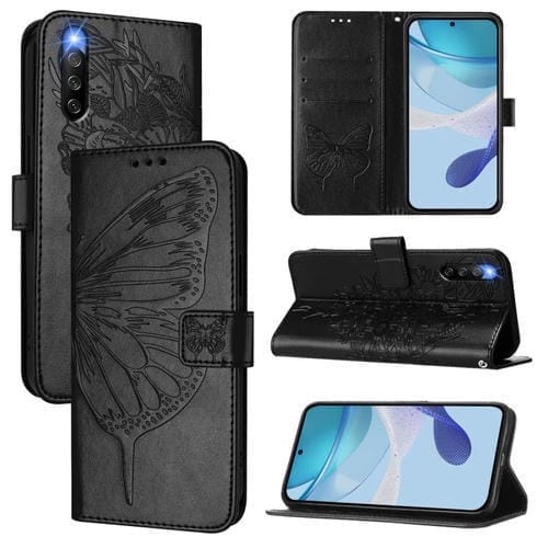 Funda de Cuero para Sony Xperia 10 IV con Diseño de Mariposa en Relieve (Negra)