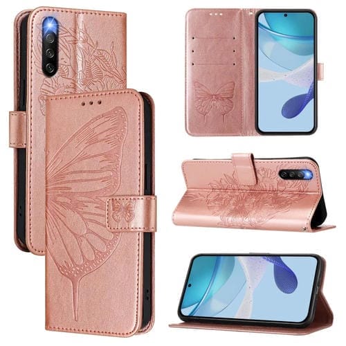Funda de Cuero para Sony Xperia 10 Iv con Diseño de Mariposa En Relieve (Oro Rosa)