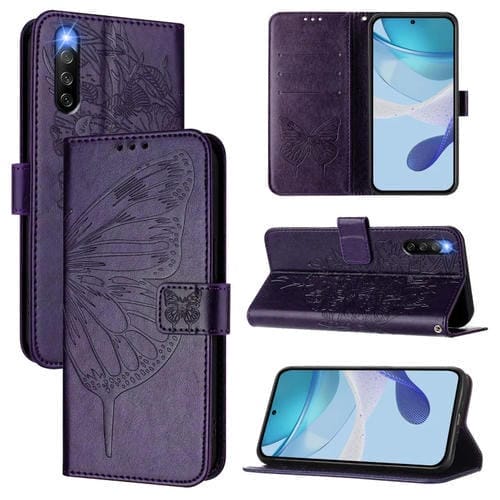 Funda de Cuero para Sony Xperia 10 Iv con Diseño de Mariposa en Relieve (Morado Oscuro)