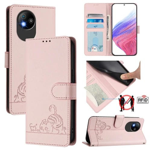 Funda de Cuero Rfid para ZTE Blade A35 Lite con Estampado de Rata y Gato En Relieve y Cordón (Rosa)