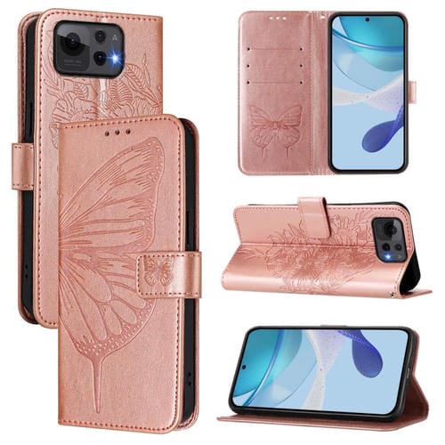 Funda de Cuero Asus Zenfone 12 Ultra con Diseño de Mariposa en Relieve (Oro Rosa)
