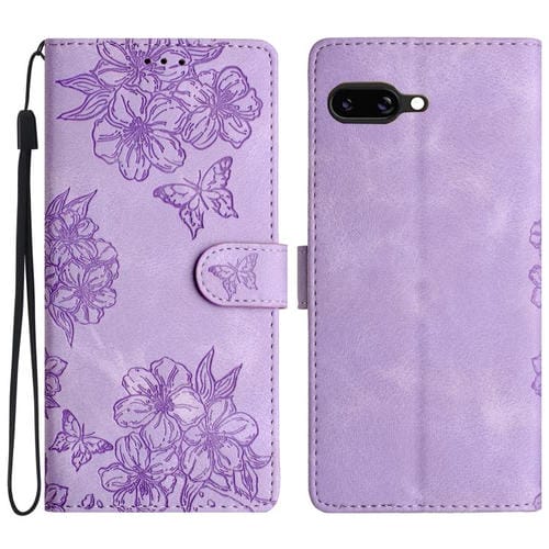 Funda de PU para Google Pixel 9A con Relieve Mariposa y Flor de Cerezo (Morado)