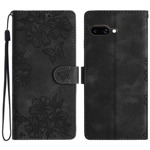 Funda de PU con Relieve de Mariposa y Flor de Cerezo para Google Pixel 9A (Negra)