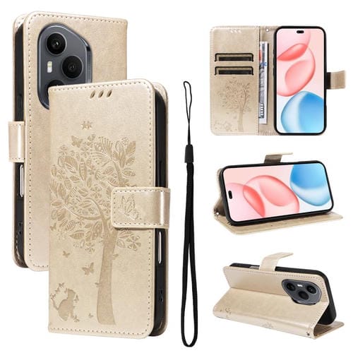 Funda de cuero con tapa para Honor 400 Pro Global (160,8 mm), diseño de árbol y gato (dorada)