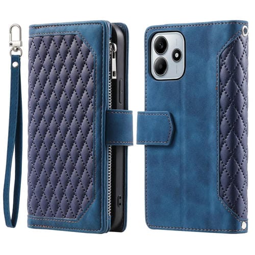 Funda de Cuero con Cremallera y Textura de Cuadrícula para Xiaomi Redmi Note 14 5G con Cordón (Azul)